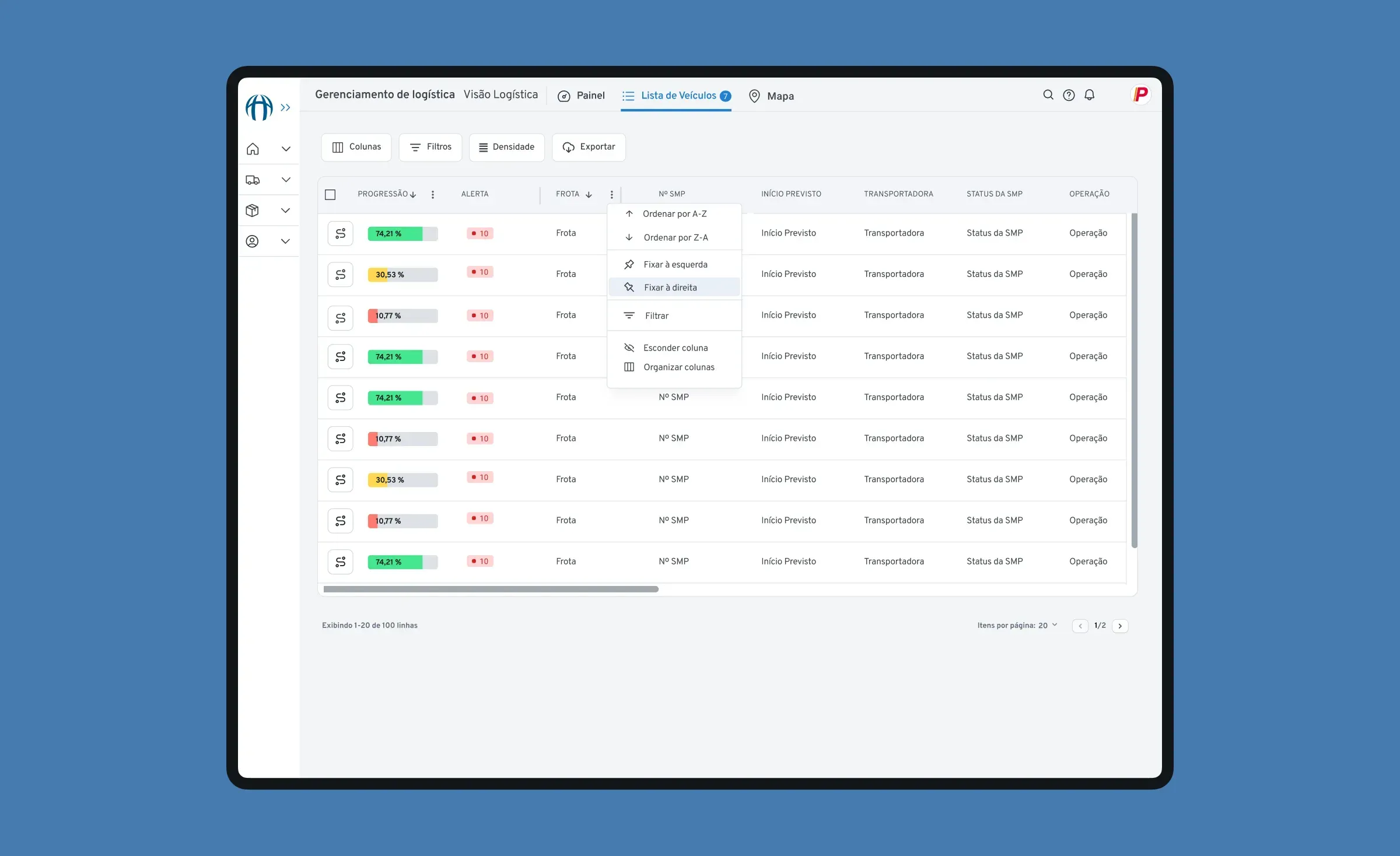 Apisul logistics management screen showing a vehicle list in table format.