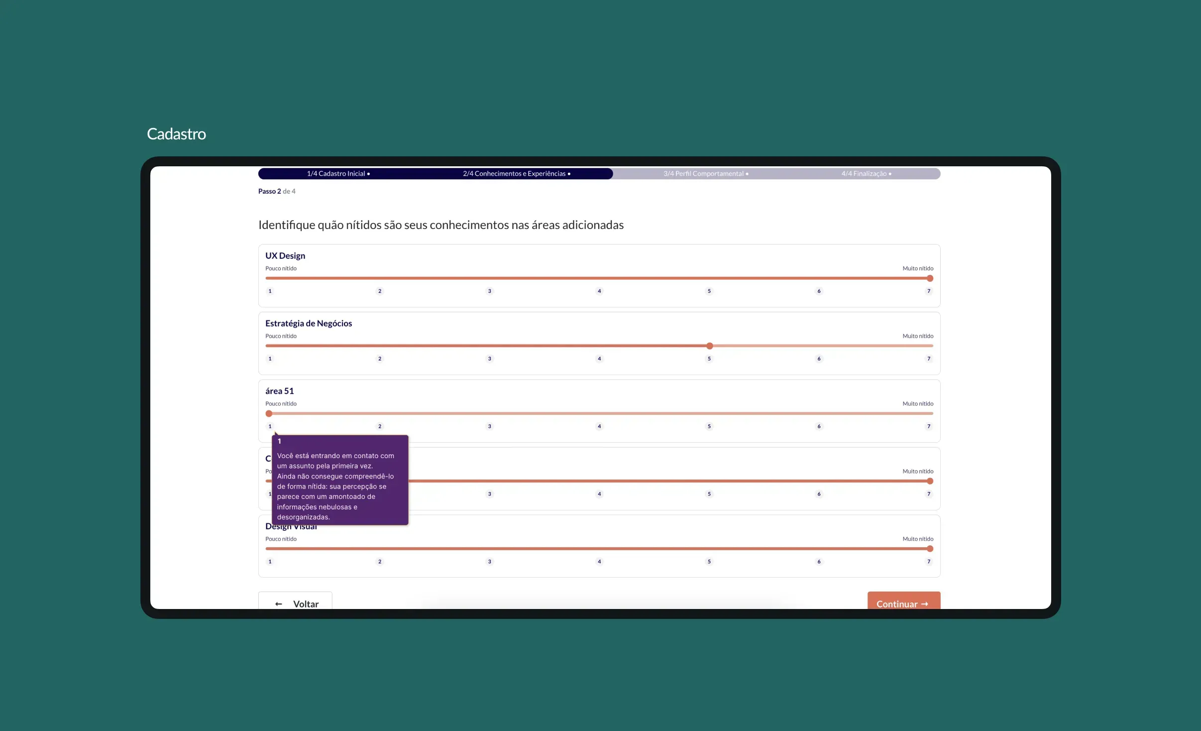 Sign up step where the person rates their own level of knowledge in each area using sliders.