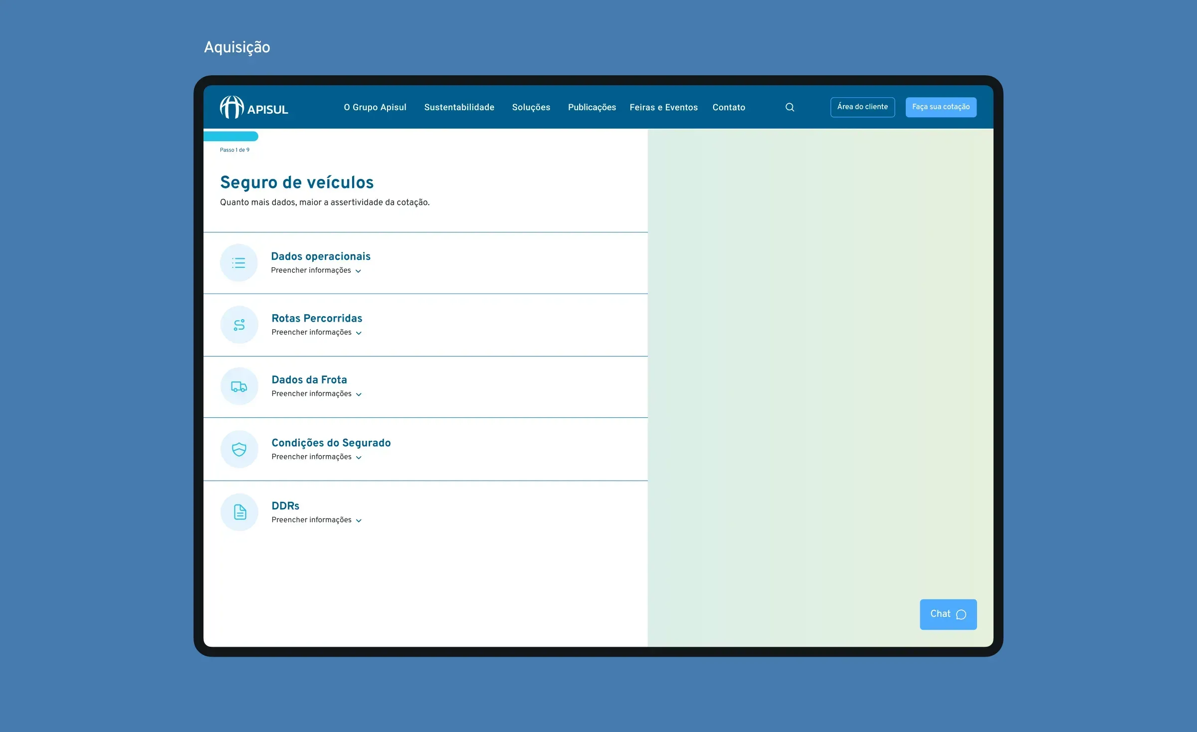 Online purchase journey on the Apisul website, showing the vehicle insurance quote form split into steps.
