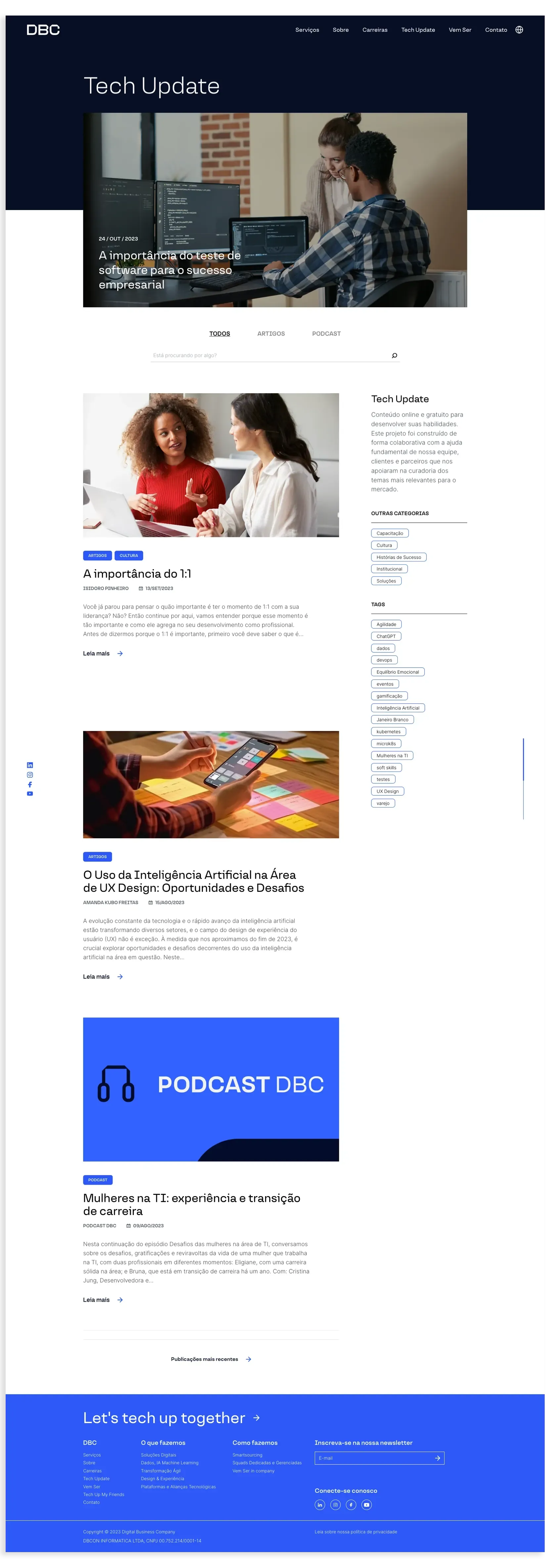 Tech Update blog, showing the list of published articles.