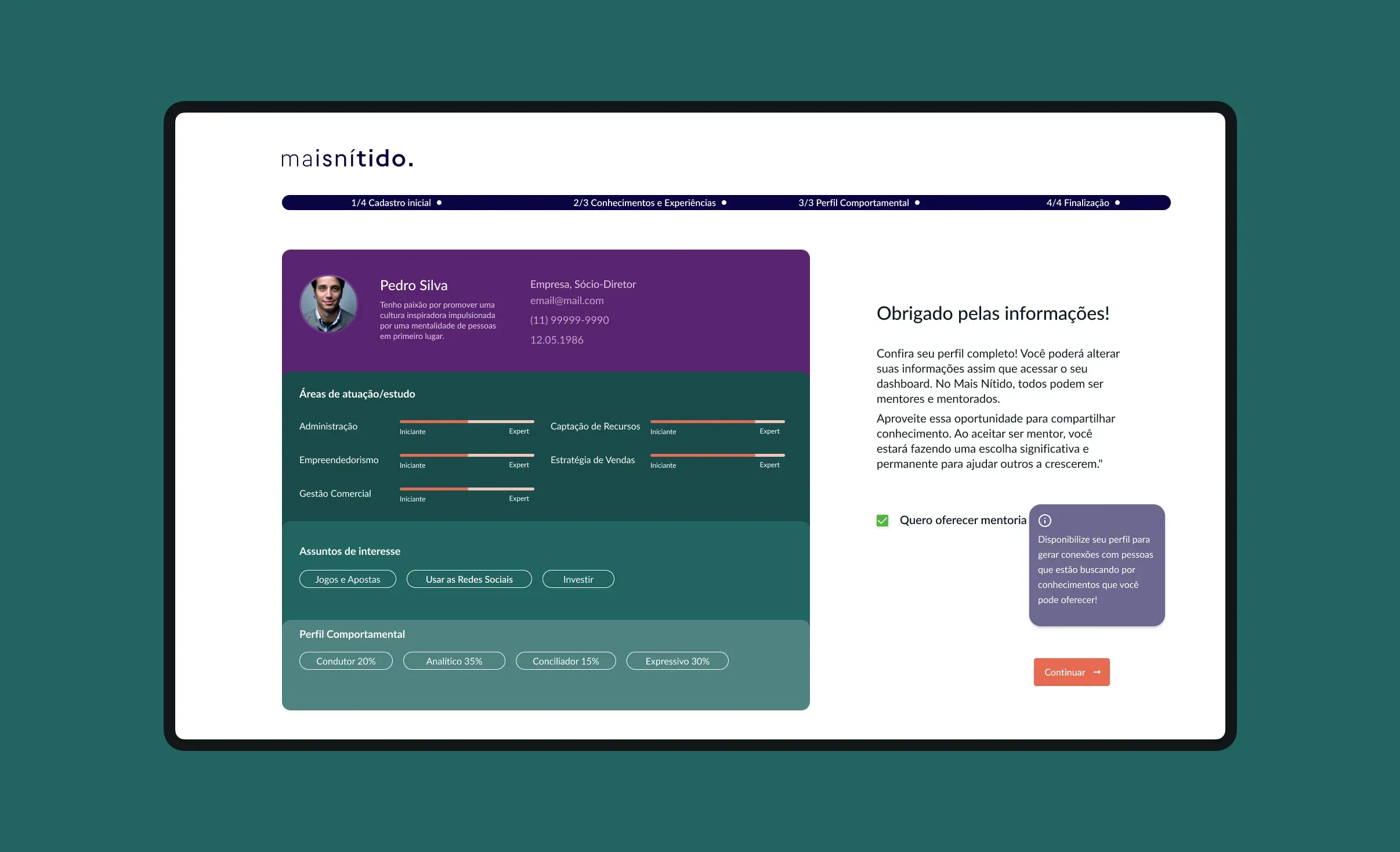 Sign up flow with a four step progress indicator.