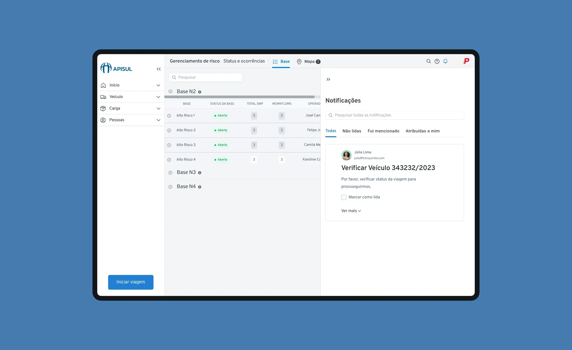Trip listing with status and available actions.