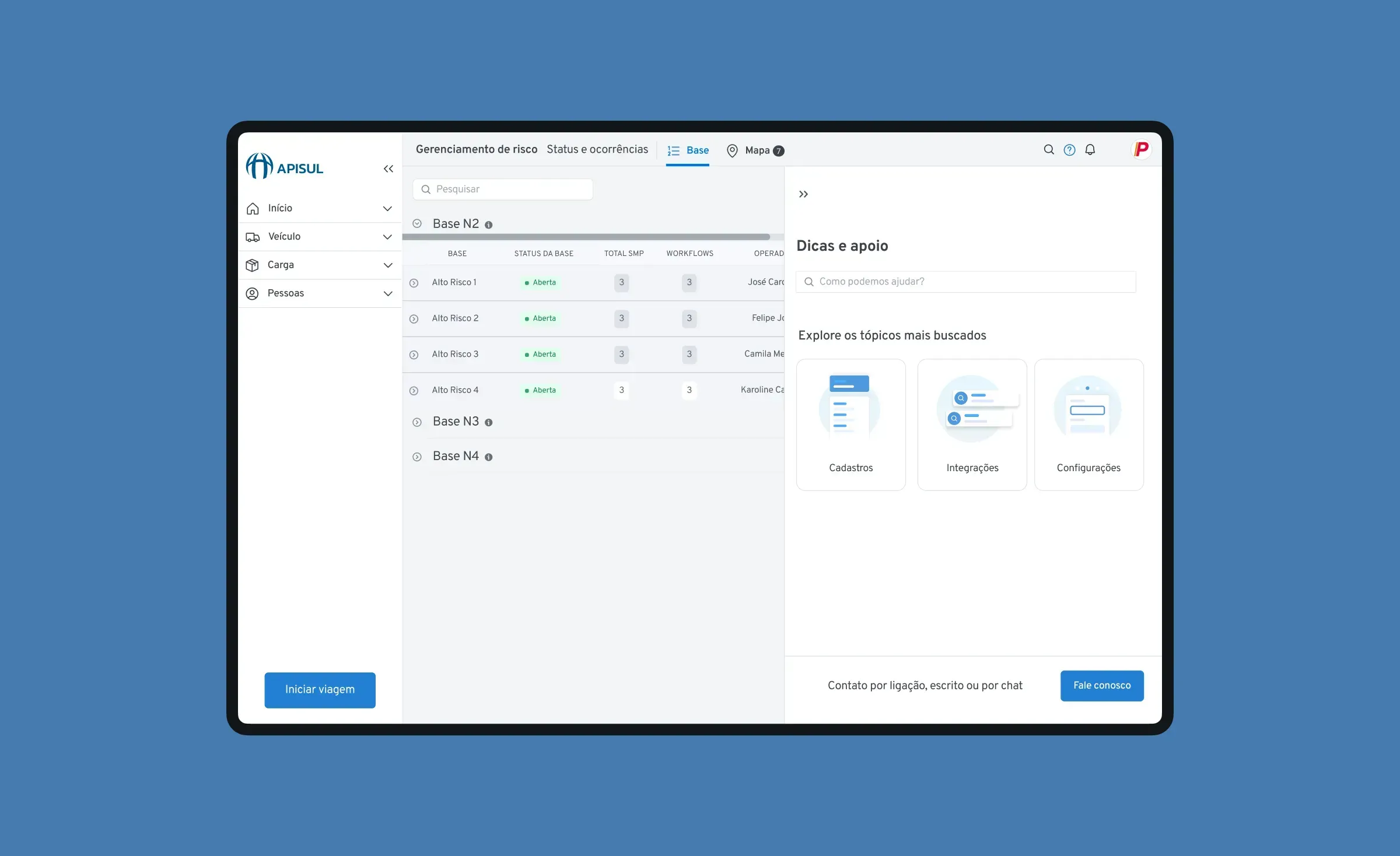 Help center open beside the risk management screen, with search and support topics.