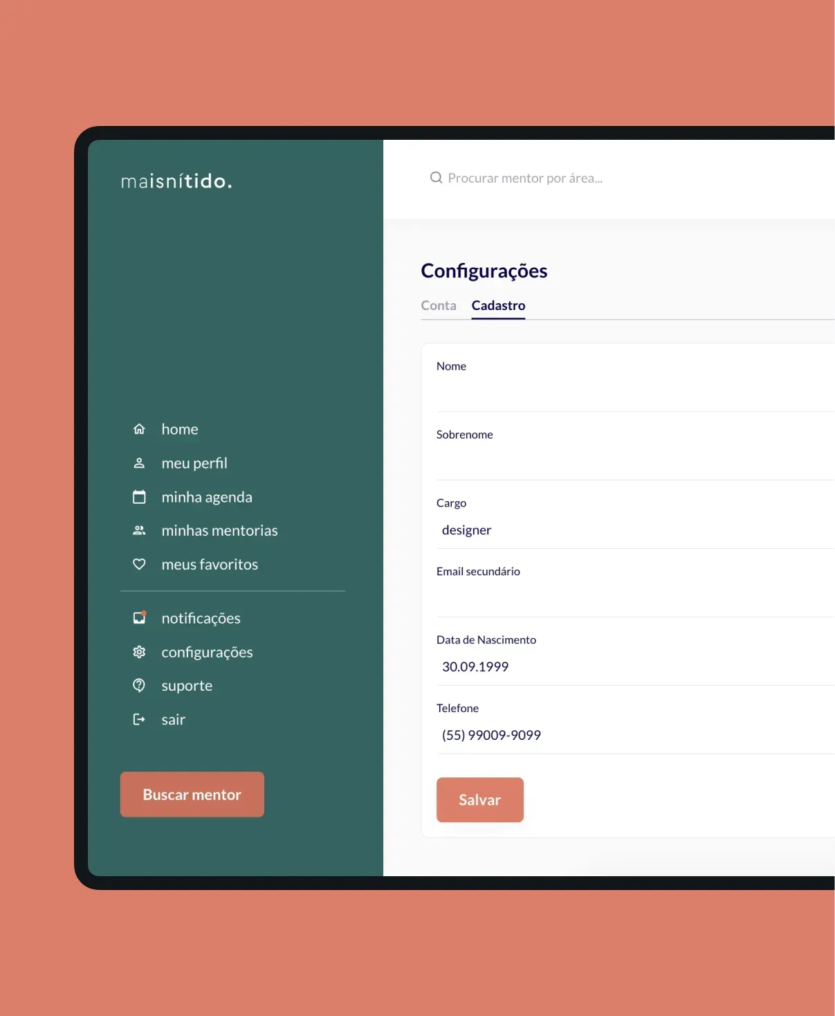 Account settings screen with the user registration details.